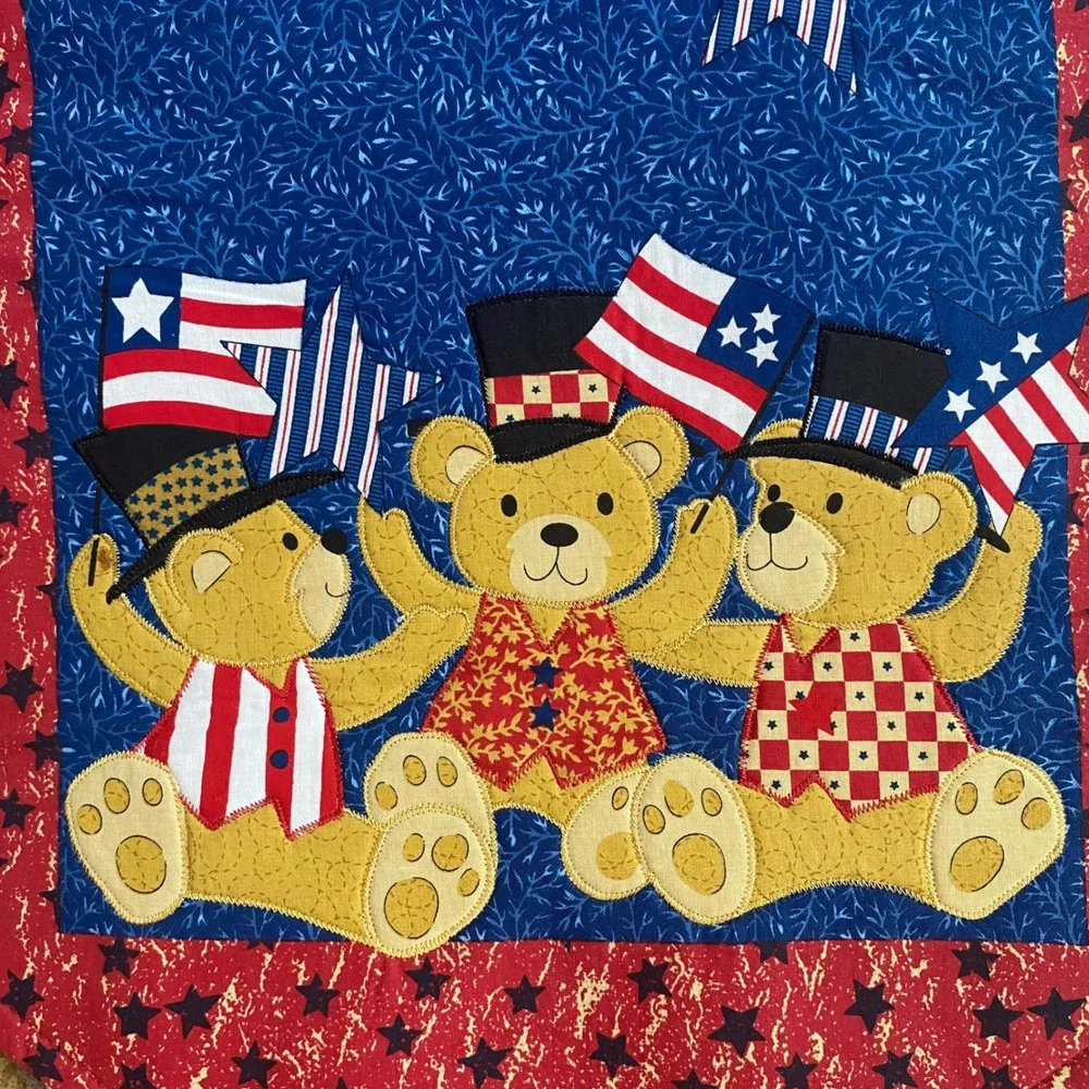 Americana Patriotic‎ Teddy Bear Quilted Table Runner 4th of July Blue Stars 36in